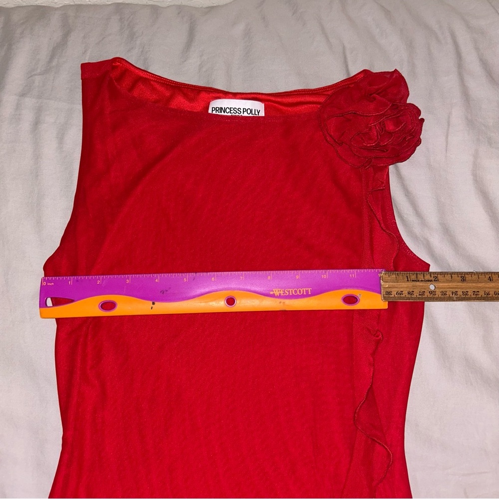 Princess Polly 4 Lorello Mini Red Dress, One Shoulder Rosette Ruffle Trim - Picture 8 of 12